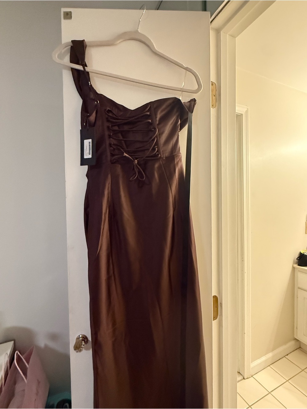 One-Shoulder Lace-Up Satin Maxi Dress in Deep Brown
